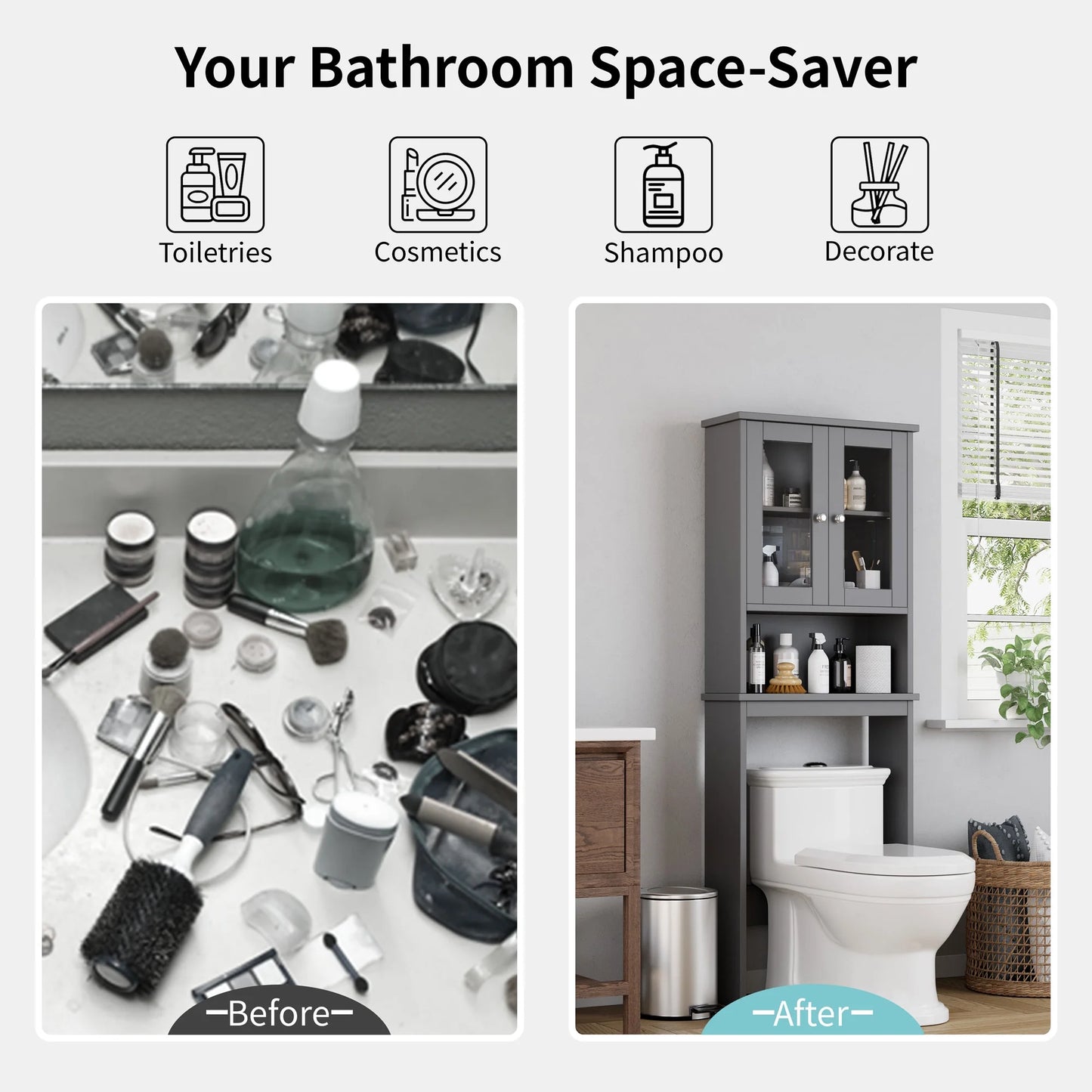 over the Toilet Storage Cabinet Bathroom Shelves Organizer Space Saver Freestanding Restroom Shelf with Tempered Glass Doors Anti-Tip Device Adjustable Shelf Gray