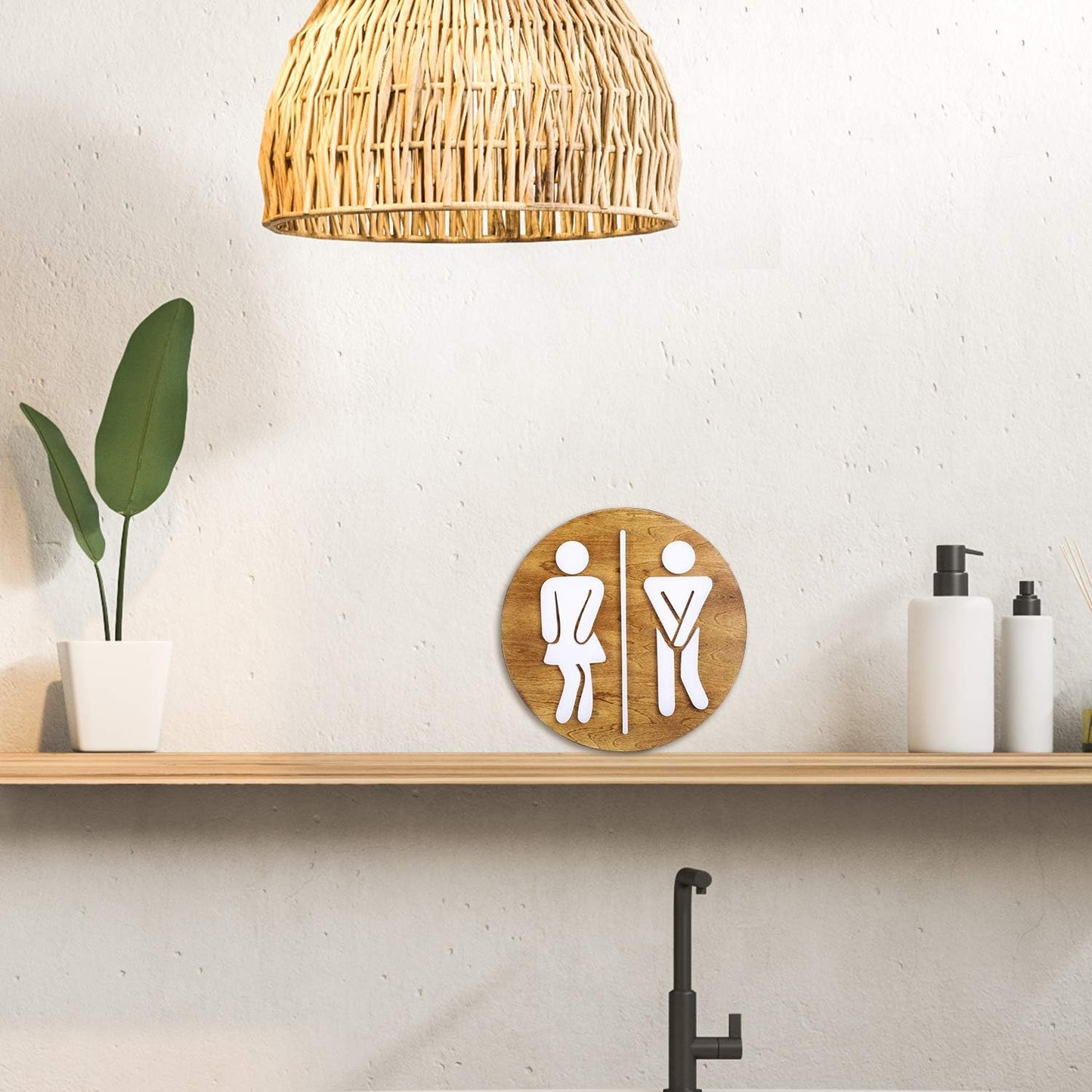 Unisex Bathroom Signs-Cute Bathroom Wall Decor-Funny Restroom Sign (Birch Brown)