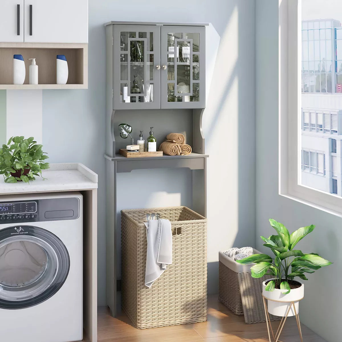Costway over the Toilet Storage room Spacesaver Cabinet Tower Organizer Shelf & Doors White/Grey