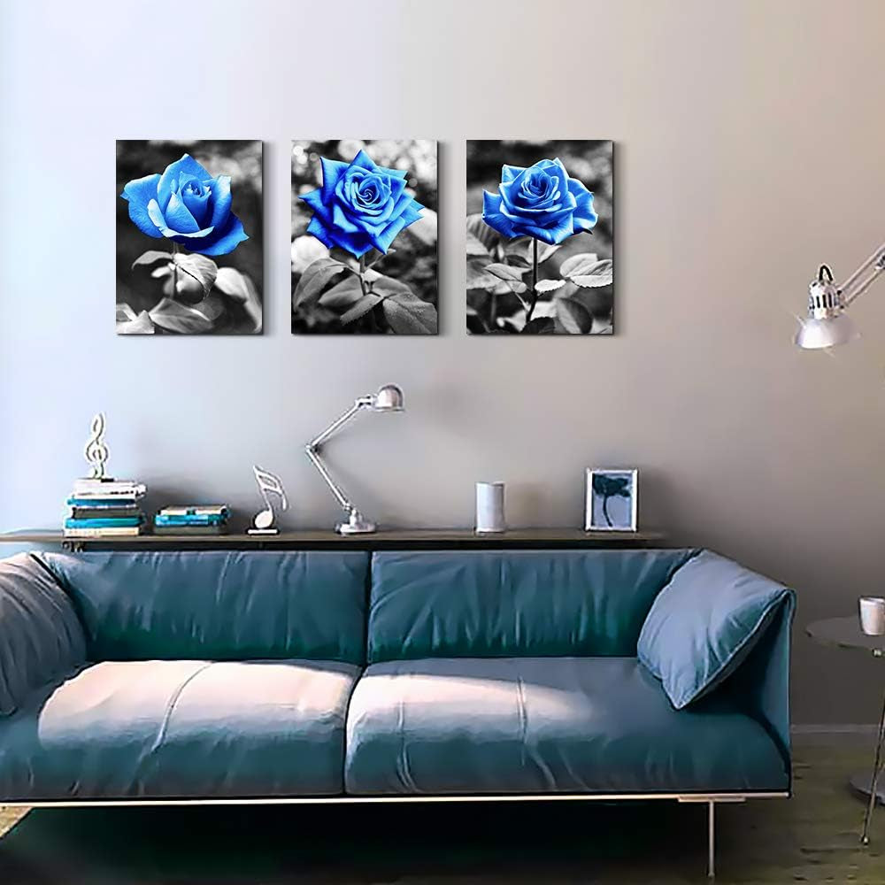 Canvas Wall Art for Living Room Family Wall Decor for Bedroom Black and White Pictures Artwork Blue Rose Flowers Wall Paintings Modern Office Bathroom Kitchen Wall Decorations 12" X 16" 3 Pieces