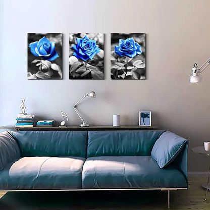 Canvas Wall Art for Living Room Family Wall Decor for Bedroom Black and White Pictures Artwork Blue Rose Flowers Wall Paintings Modern Office Bathroom Kitchen Wall Decorations 12" X 16" 3 Pieces