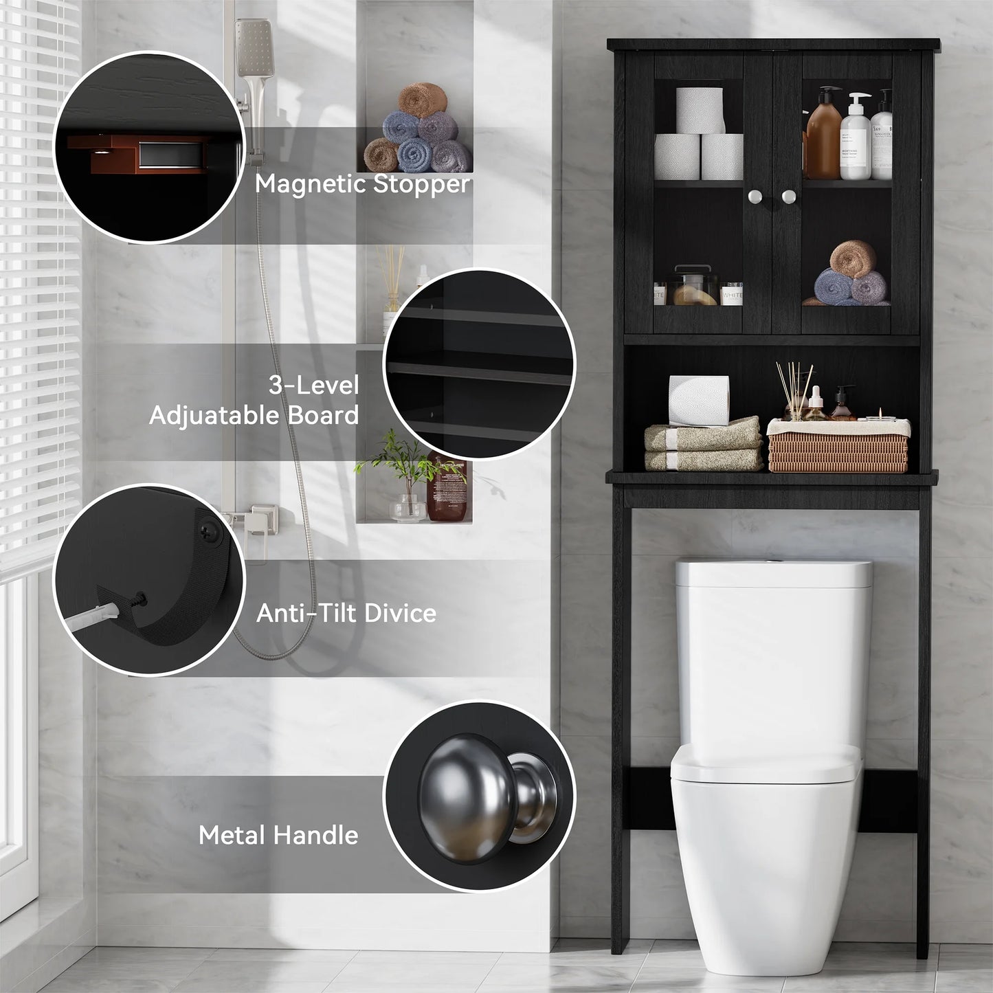over the Toilet Storage Cabinet Bathroom Shelves Organizer Space Saver Freestanding Restroom Shelf with Tempered Glass Doors Anti-Tip Device Adjustable Shelf Black