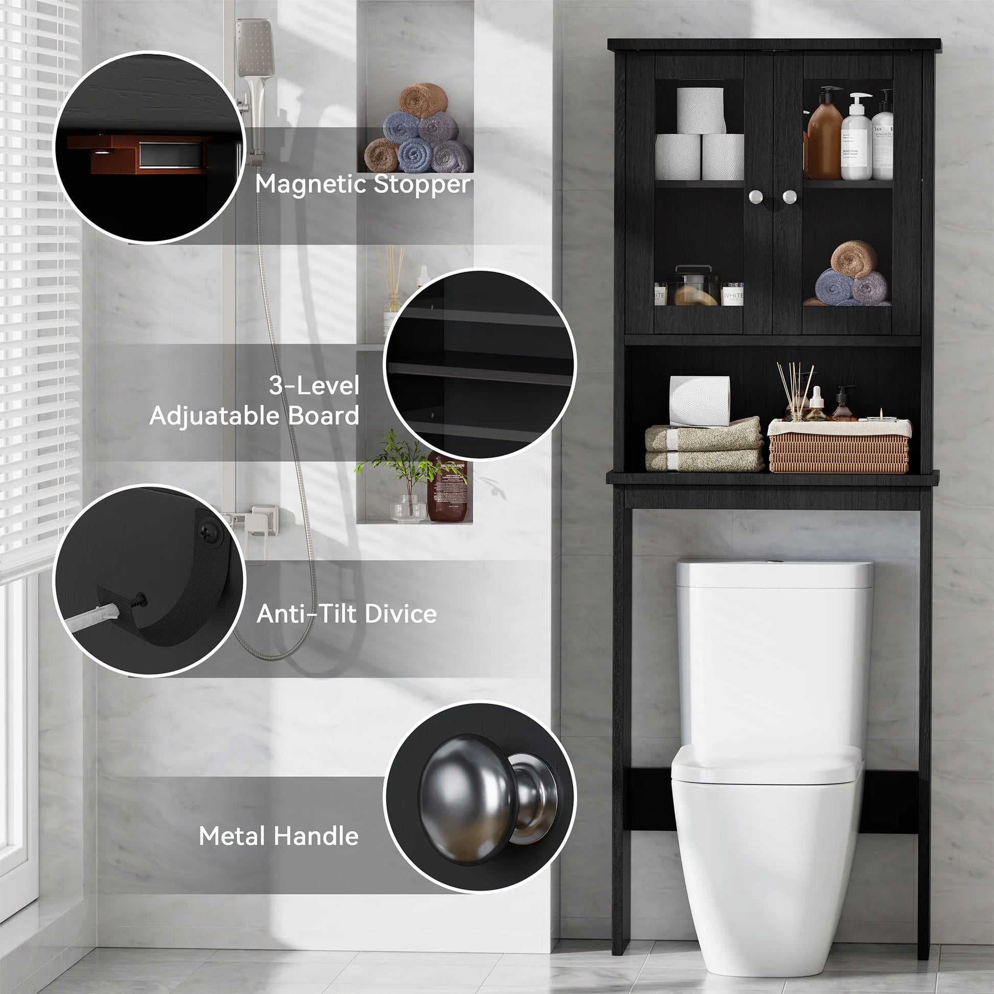 over the Toilet Storage Cabinet Bathroom Shelves Organizer Space Saver Freestanding Restroom Shelf with Tempered Glass Doors Anti-Tip Device Adjustable Shelf Black