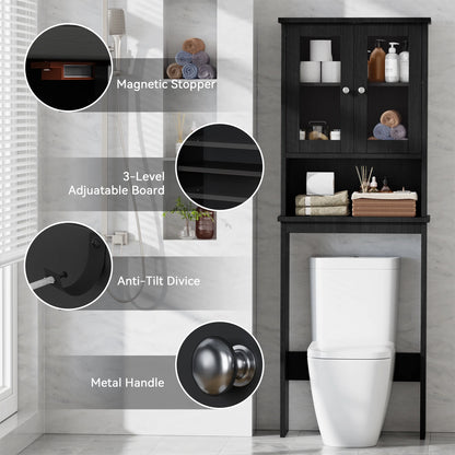 over the Toilet Storage Cabinet Bathroom Shelves Organizer Space Saver Freestanding Restroom Shelf with Tempered Glass Doors Anti-Tip Device Adjustable Shelf Black
