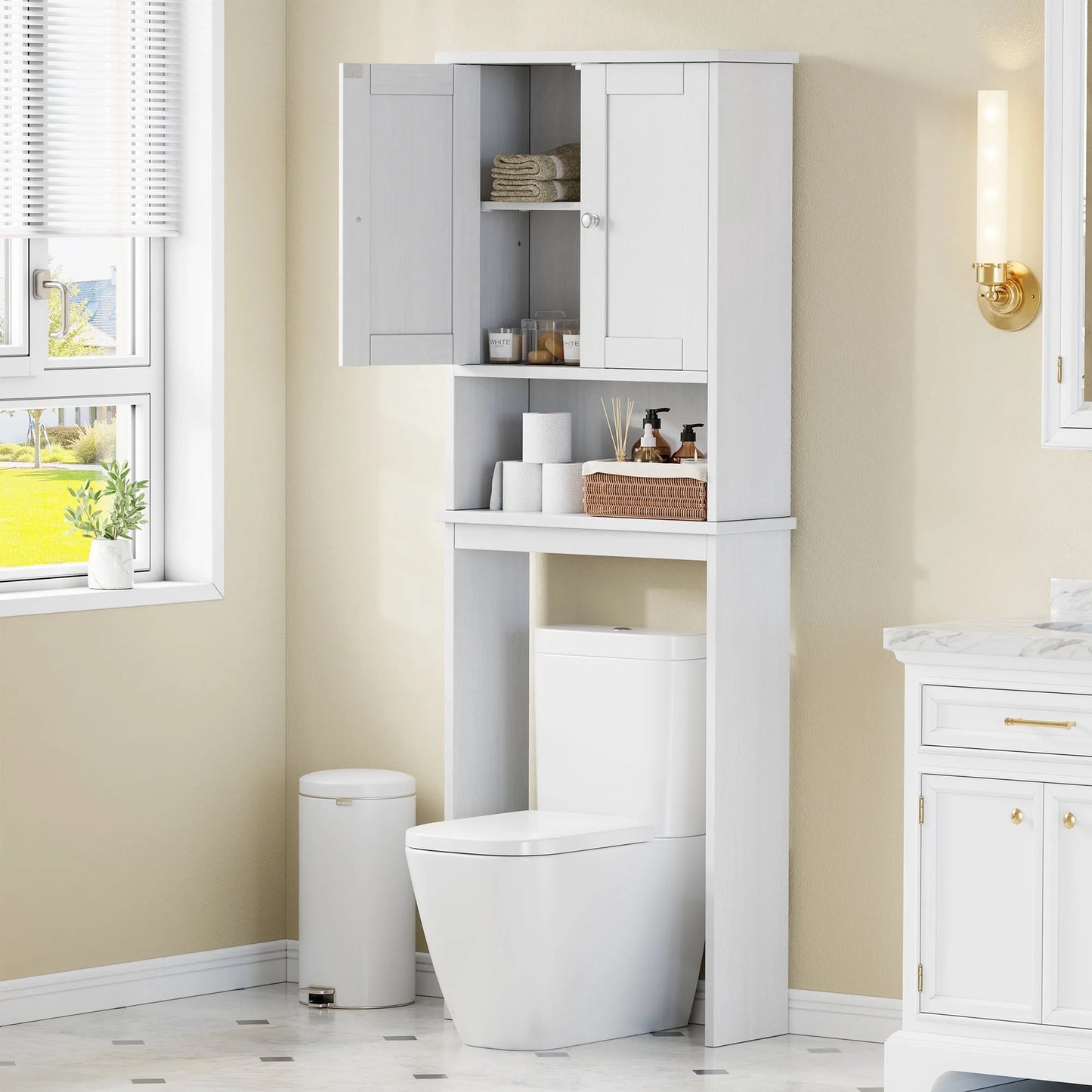 over the Toilet Storage Cabinet Bathroom Shelves Organizer Space Saver Freestanding Restroom Shelf with Doors Anti-Tip Device Adjustable Shelf White