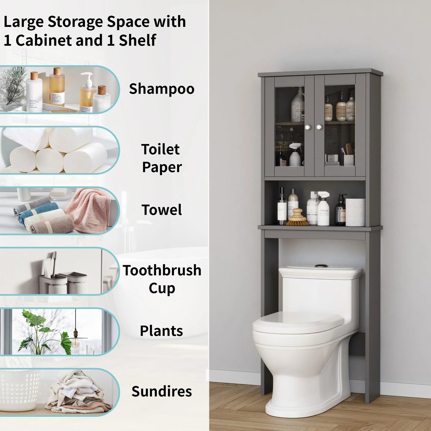 over the Toilet Storage Cabinet Bathroom Shelves Organizer Space Saver Freestanding Restroom Shelf with Tempered Glass Doors Anti-Tip Device Adjustable Shelf Gray