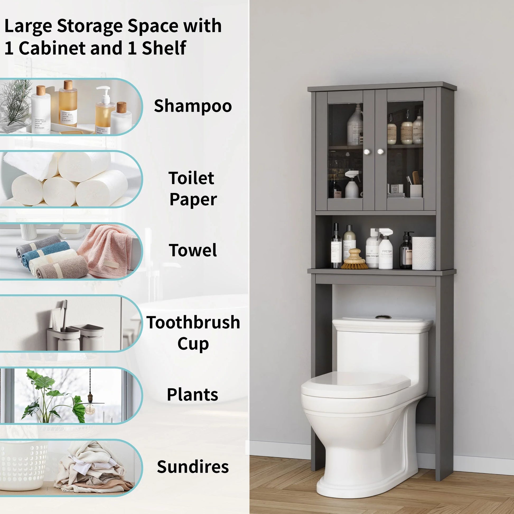 over the Toilet Storage Cabinet Bathroom Shelves Organizer Space Saver Freestanding Restroom Shelf with Tempered Glass Doors Anti-Tip Device Adjustable Shelf Gray
