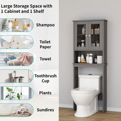 over the Toilet Storage Cabinet Bathroom Shelves Organizer Space Saver Freestanding Restroom Shelf with Tempered Glass Doors Anti-Tip Device Adjustable Shelf Gray