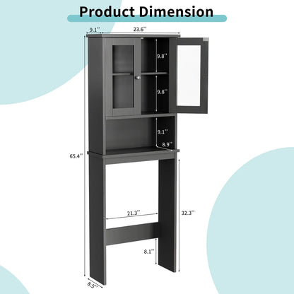 over the Toilet Storage Cabinet Bathroom Shelves Organizer Space Saver Freestanding Restroom Shelf with Tempered Glass Doors Anti-Tip Device Adjustable Shelf Gray