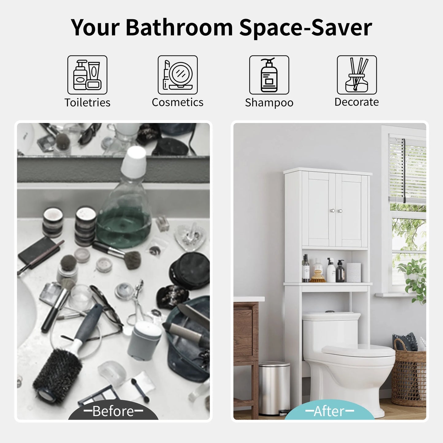 over the Toilet Storage Cabinet Bathroom Shelves Organizer Space Saver Freestanding Restroom Shelf with Doors Anti-Tip Device Adjustable Shelf White