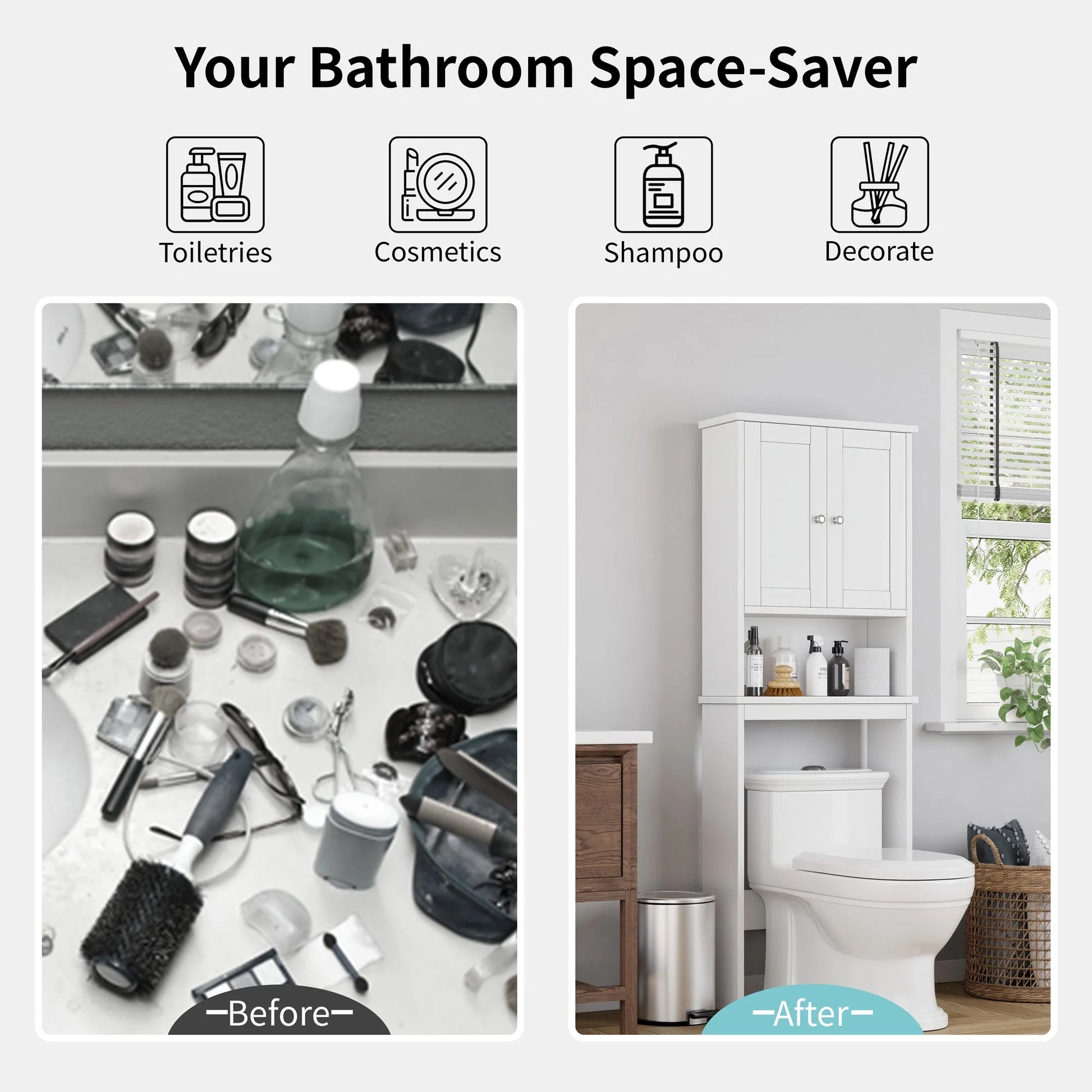 over the Toilet Storage Cabinet Bathroom Shelves Organizer Space Saver Freestanding Restroom Shelf with Doors Anti-Tip Device Adjustable Shelf White