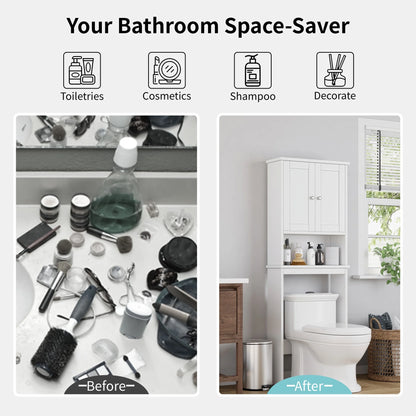 over the Toilet Storage Cabinet Bathroom Shelves Organizer Space Saver Freestanding Restroom Shelf with Doors Anti-Tip Device Adjustable Shelf White