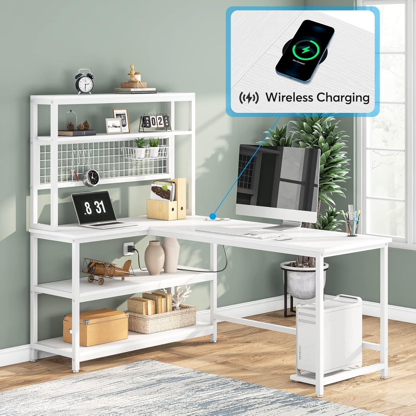 55" Large Computer Desk with Wireless Charging 5 Storage Shelves, Office Desk Study Table Writing Desk Workstation with Hutch Bookshelf for Home Office (All White)