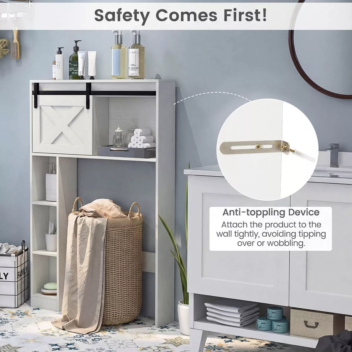 Costway over the Toilet room Storage Cabinet with Sliding Barn Door & Shelves White