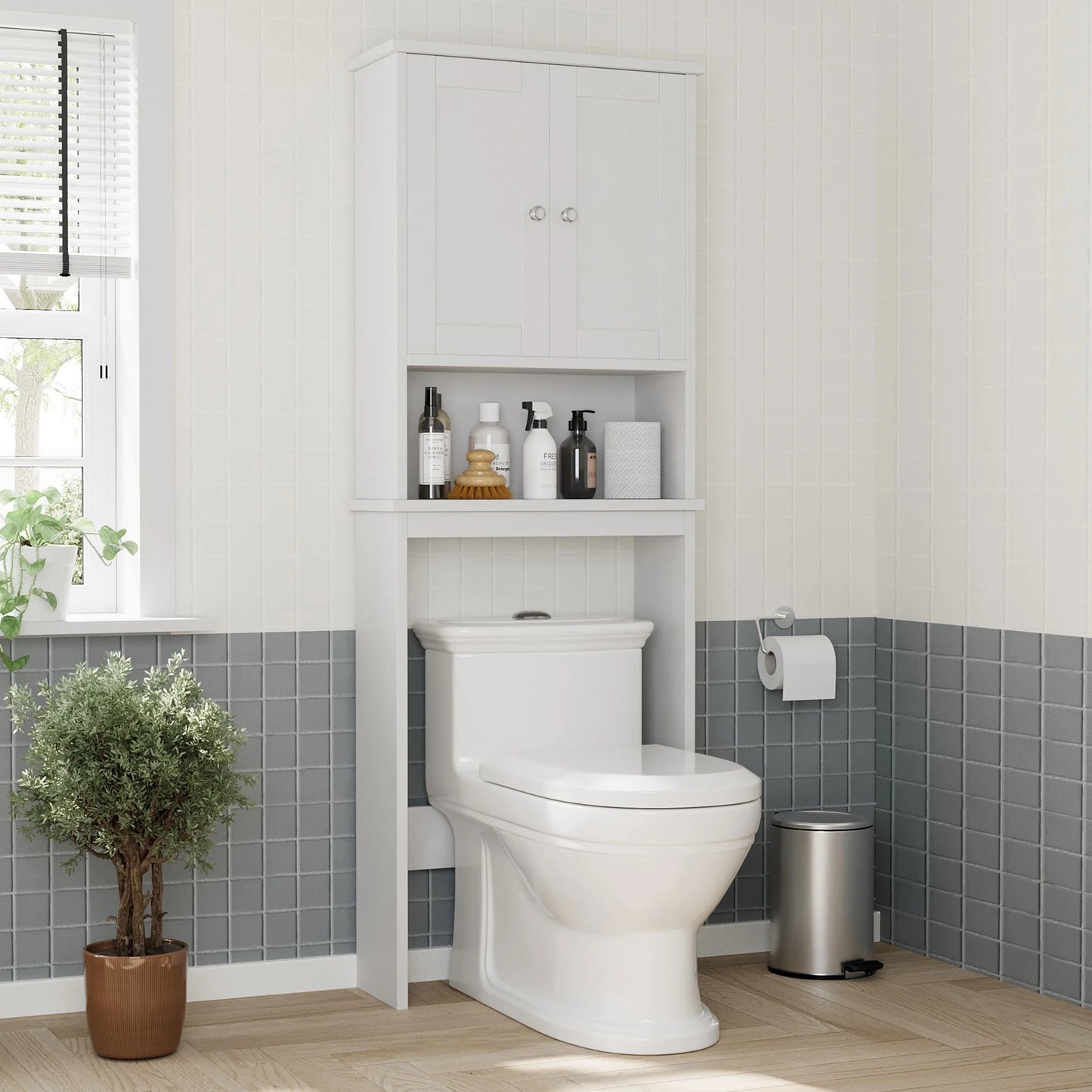 over the Toilet Storage Cabinet Bathroom Shelves Organizer Space Saver Freestanding Restroom Shelf with Doors Anti-Tip Device Adjustable Shelf White