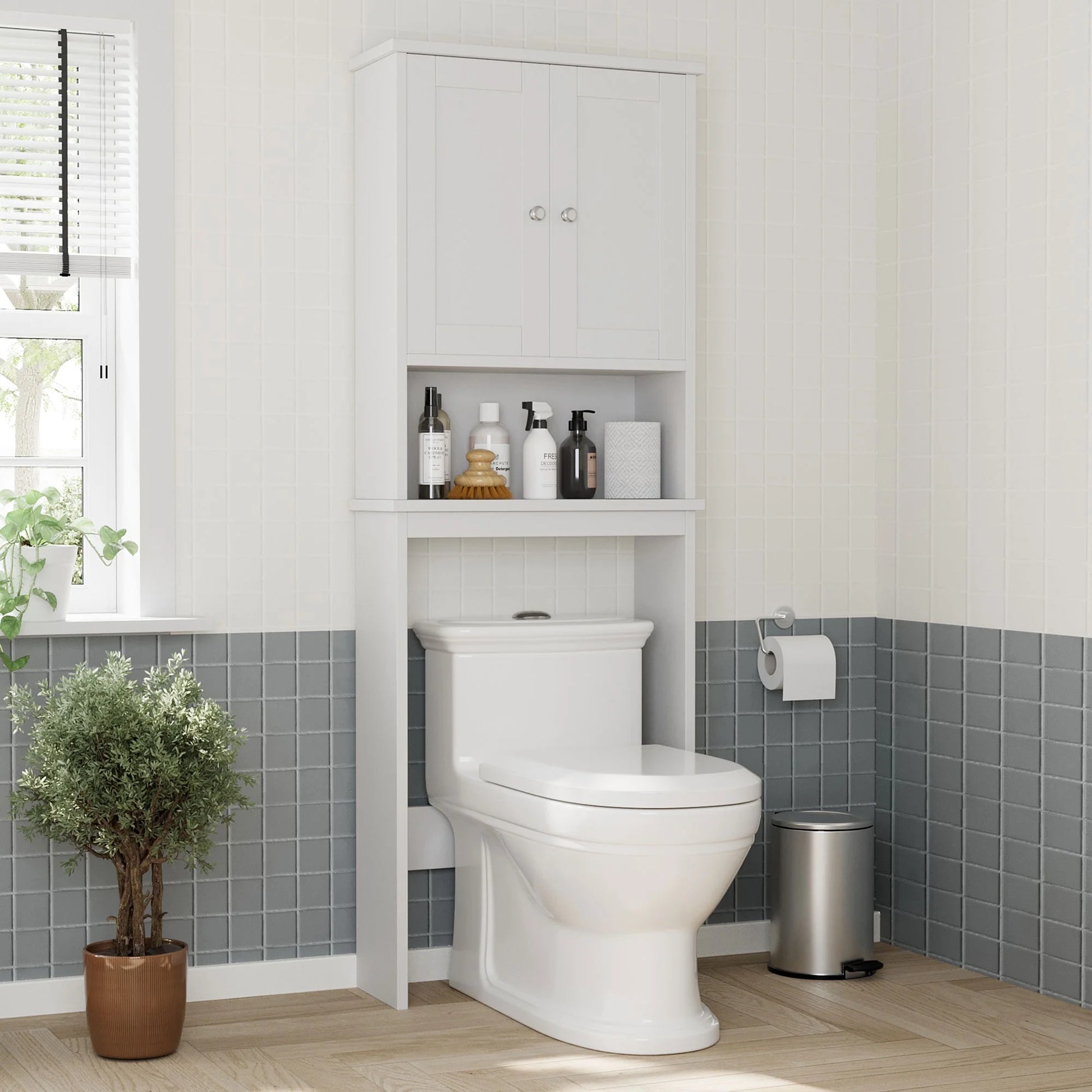 over the Toilet Storage Cabinet Bathroom Shelves Organizer Space Saver Freestanding Restroom Shelf with Doors Anti-Tip Device Adjustable Shelf White