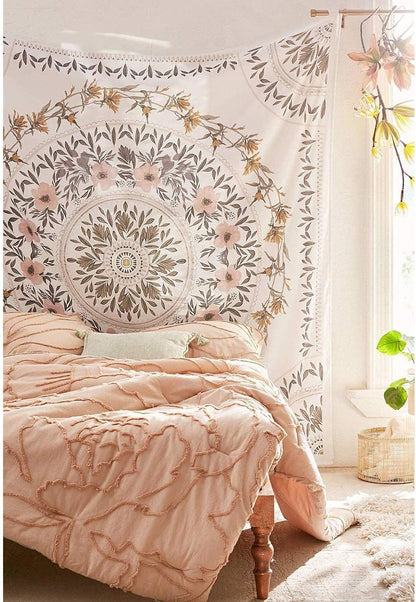Orange Bohemian Tapestry Wall Hanging, Mandala Floral Medallion Hippie Tapestry with Light Brown Aesthetic Wreath Design, Cream Wall Decor Blanket for Bedroom Home Dorm