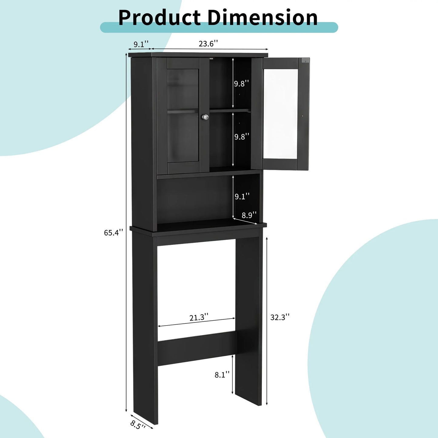over the Toilet Storage Cabinet Bathroom Shelves Organizer Space Saver Freestanding Restroom Shelf with Tempered Glass Doors Anti-Tip Device Adjustable Shelf Black