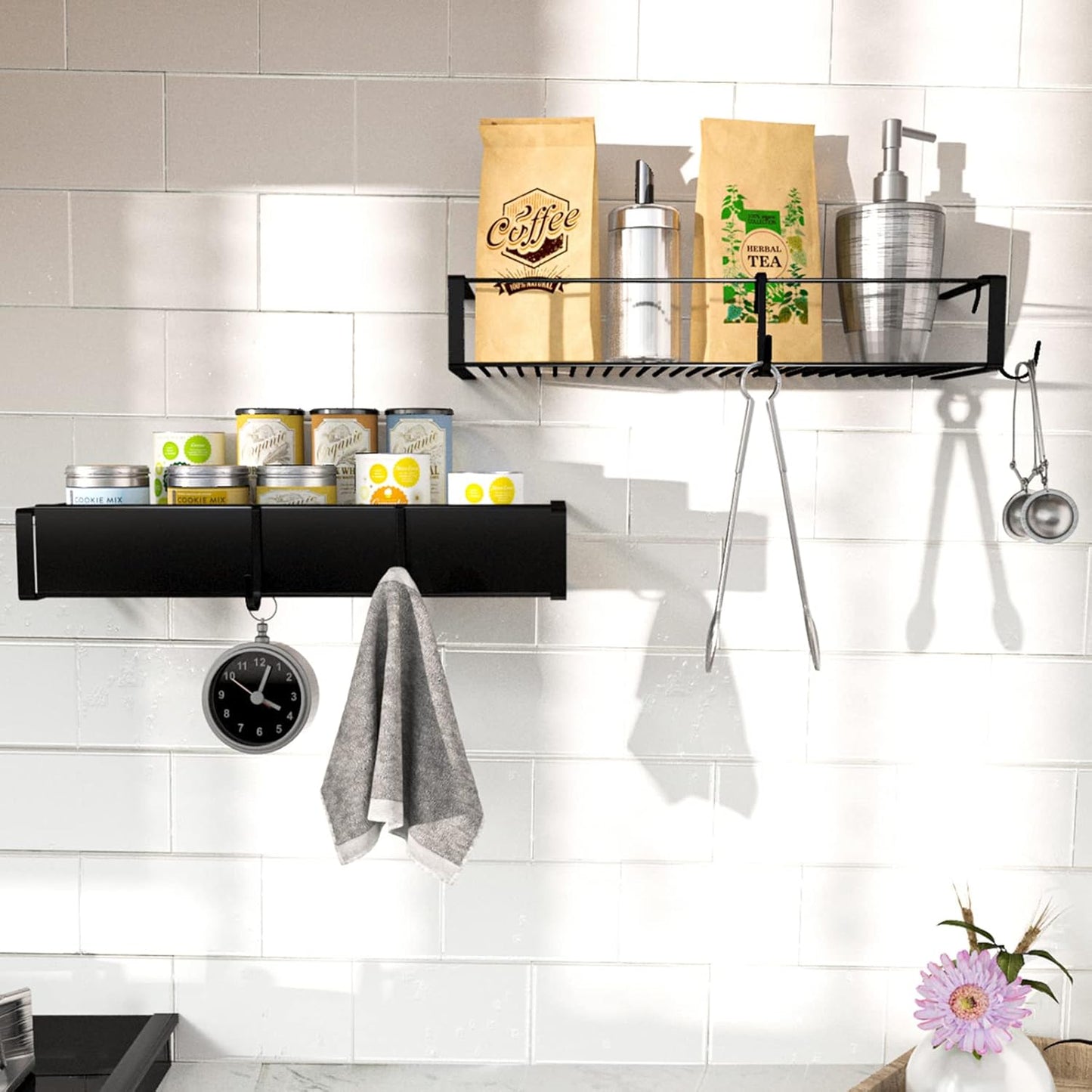 Shower Caddy, Adhesive Shower Organizer with Hooks, Shower Shelves for inside Shower, No Drilling Shower Rack Holder, Shower Storage for Bathroom, Kitchen Spice Rack-2 Pack Black