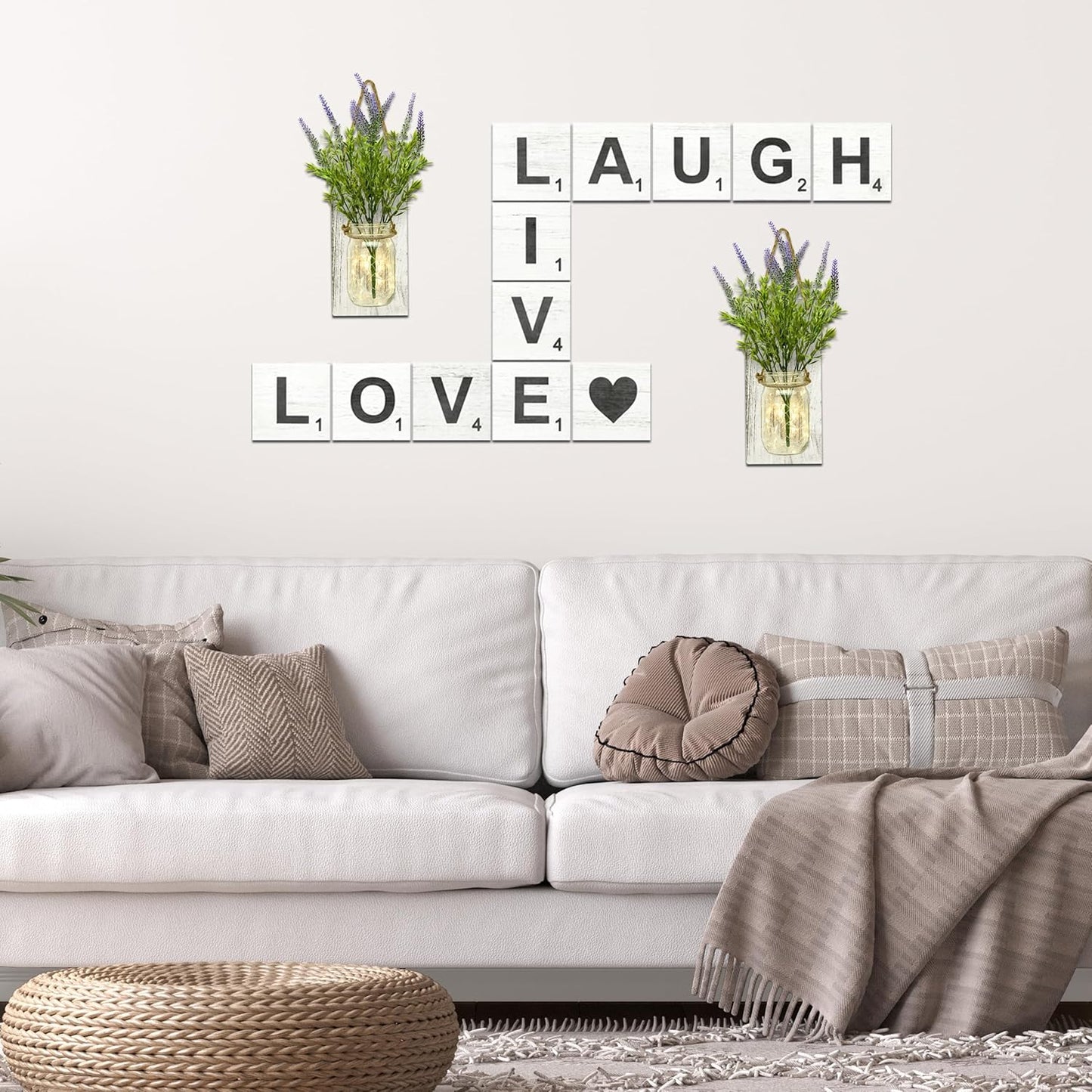 Live, Laugh, Love - Large Rustic Crossword Tiles for Wall Decor, Big Decorative Square Wooden Letters for Wall Art, Farmhouse Kitchens, Living Rooms, Bedrooms - 5" X 5"