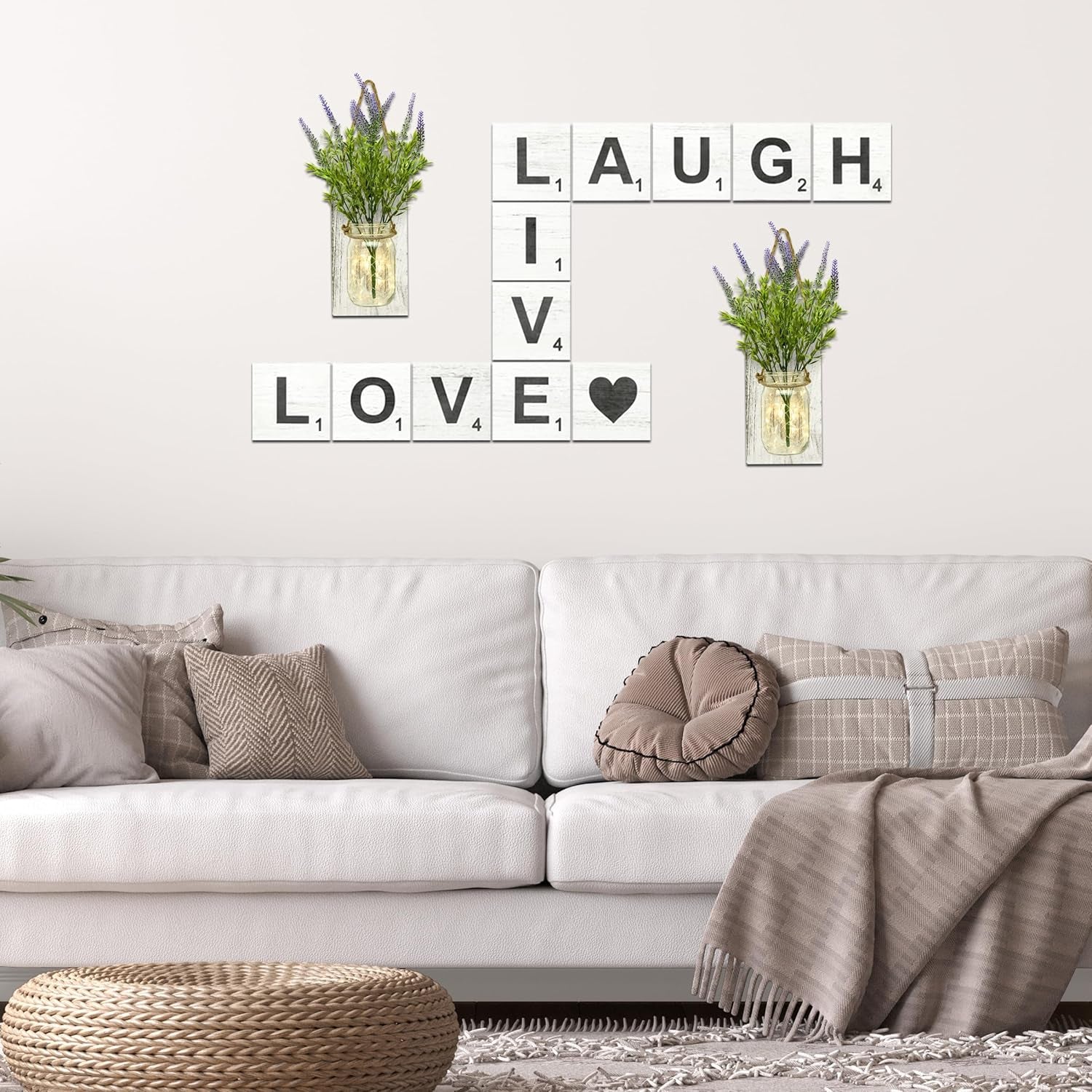 Live, Laugh, Love - Large Rustic Crossword Tiles for Wall Decor, Big Decorative Square Wooden Letters for Wall Art, Farmhouse Kitchens, Living Rooms, Bedrooms - 5" X 5"