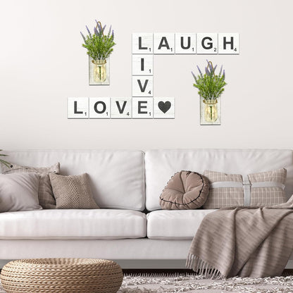 Live, Laugh, Love - Large Rustic Crossword Tiles for Wall Decor, Big Decorative Square Wooden Letters for Wall Art, Farmhouse Kitchens, Living Rooms, Bedrooms - 5" X 5"