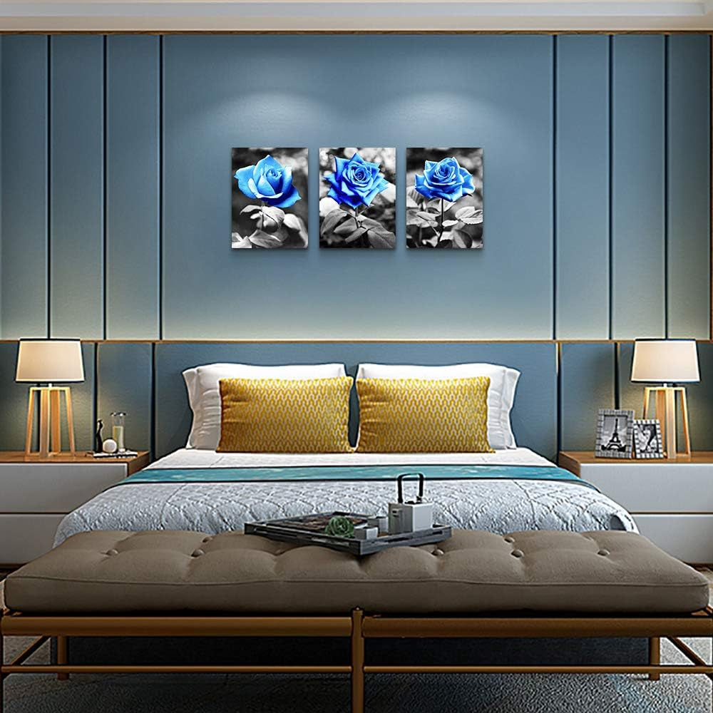 Canvas Wall Art for Living Room Family Wall Decor for Bedroom Black and White Pictures Artwork Blue Rose Flowers Wall Paintings Modern Office Bathroom Kitchen Wall Decorations 12" X 16" 3 Pieces