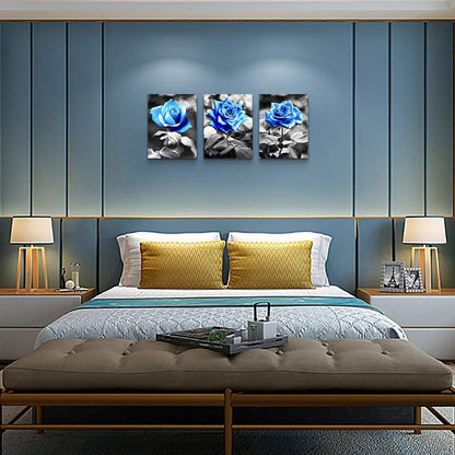 Canvas Wall Art for Living Room Family Wall Decor for Bedroom Black and White Pictures Artwork Blue Rose Flowers Wall Paintings Modern Office Bathroom Kitchen Wall Decorations 12" X 16" 3 Pieces
