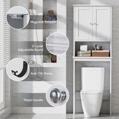 over the Toilet Storage Cabinet Bathroom Shelves Organizer Space Saver Freestanding Restroom Shelf with Doors Anti-Tip Device Adjustable Shelf White