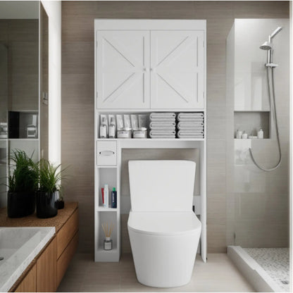 Over the Toilet Storage Cabinet with 2 Door Home Space Saving Toilet Rack, Farmhouse Style for Bathroom, Restroom, Laundry