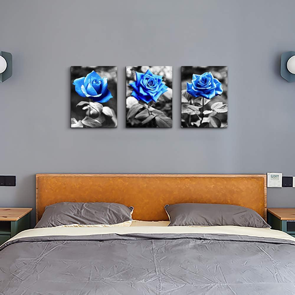 Canvas Wall Art for Living Room Family Wall Decor for Bedroom Black and White Pictures Artwork Blue Rose Flowers Wall Paintings Modern Office Bathroom Kitchen Wall Decorations 12" X 16" 3 Pieces