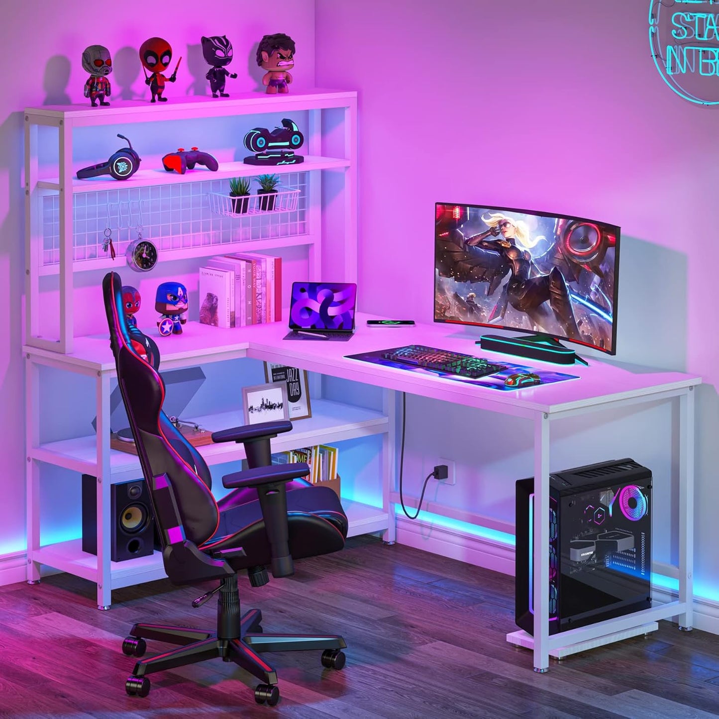 55" Large Computer Desk with Wireless Charging 5 Storage Shelves, Office Desk Study Table Writing Desk Workstation with Hutch Bookshelf for Home Office (All White)
