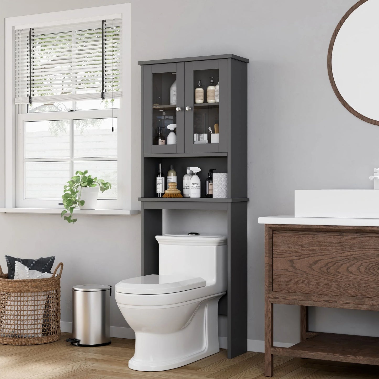 over the Toilet Storage Cabinet Bathroom Shelves Organizer Space Saver Freestanding Restroom Shelf with Tempered Glass Doors Anti-Tip Device Adjustable Shelf Gray