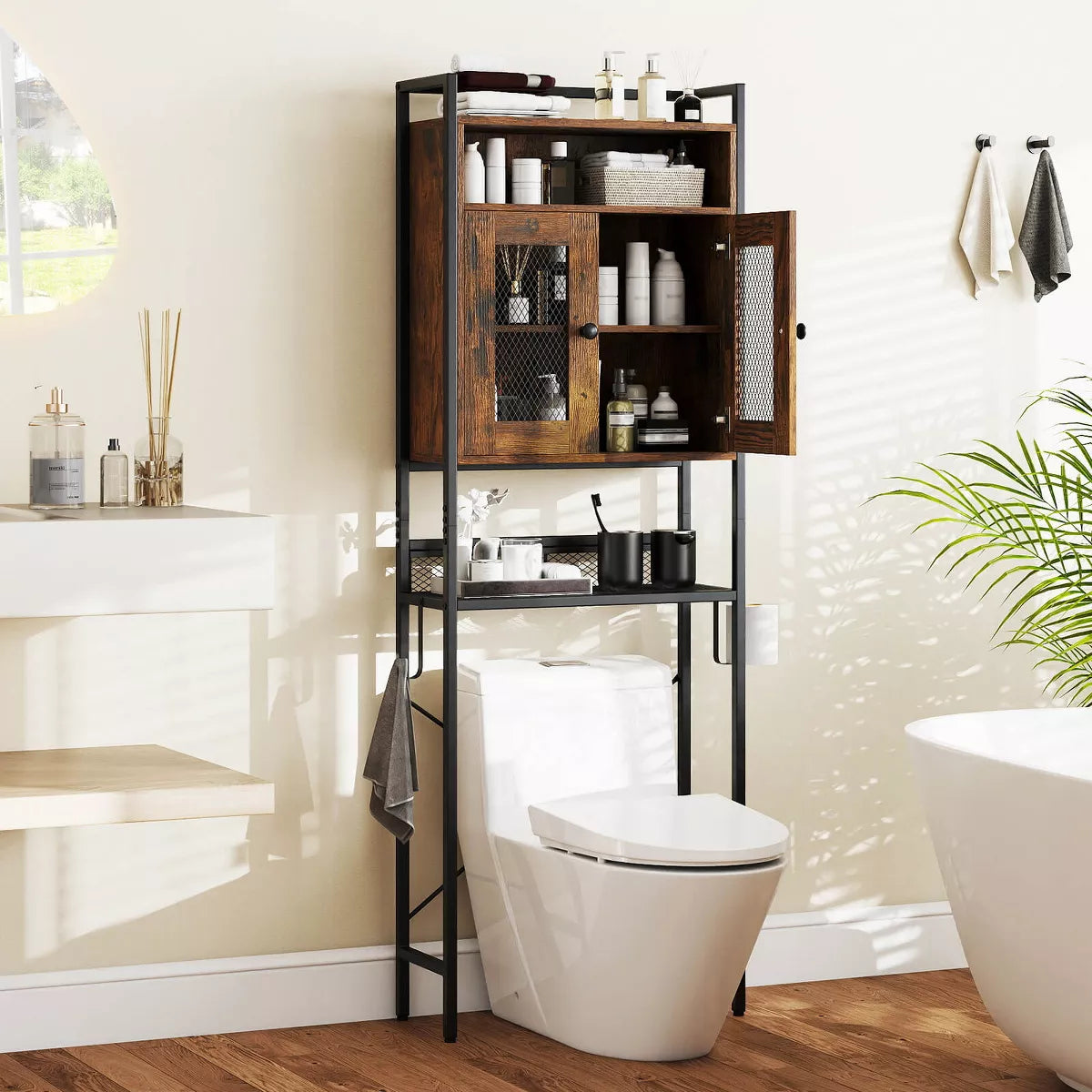 Costway over the Toilet Cabinet room Toilet Storage Organizer with Double Door Cabinet