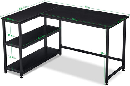 51 Inch L Shaped Gaming Desk Small Reversible Corner Gaming Computer Desk with Storage Shelves for Home Office PC Workstation Laptop Table, Black