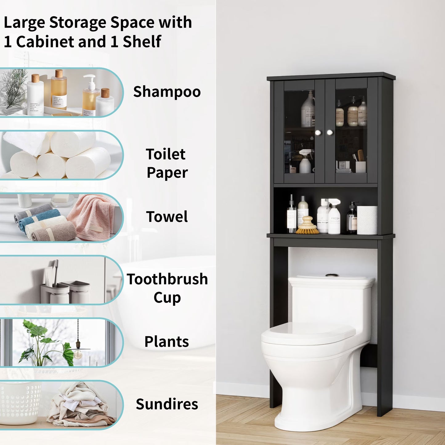 over the Toilet Storage Cabinet Bathroom Shelves Organizer Space Saver Freestanding Restroom Shelf with Tempered Glass Doors Anti-Tip Device Adjustable Shelf Black