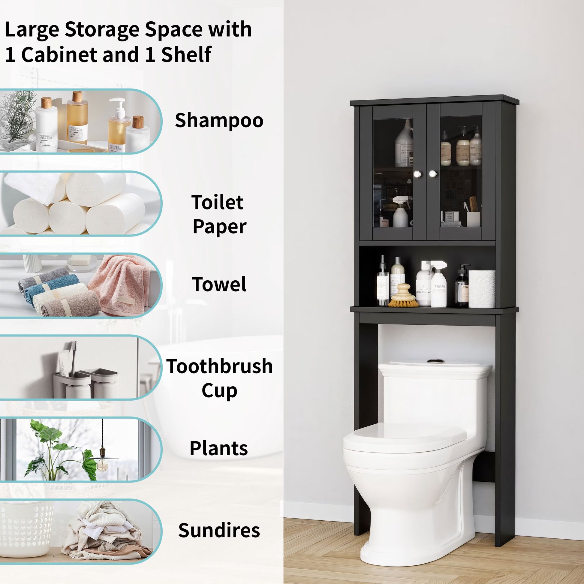 over the Toilet Storage Cabinet Bathroom Shelves Organizer Space Saver Freestanding Restroom Shelf with Tempered Glass Doors Anti-Tip Device Adjustable Shelf Black