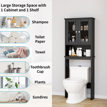 over the Toilet Storage Cabinet Bathroom Shelves Organizer Space Saver Freestanding Restroom Shelf with Tempered Glass Doors Anti-Tip Device Adjustable Shelf Black