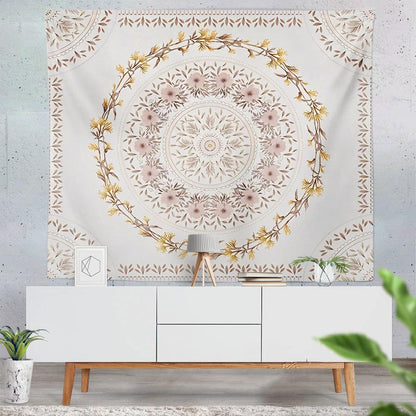 Orange Bohemian Tapestry Wall Hanging, Mandala Floral Medallion Hippie Tapestry with Light Brown Aesthetic Wreath Design, Cream Wall Decor Blanket for Bedroom Home Dorm