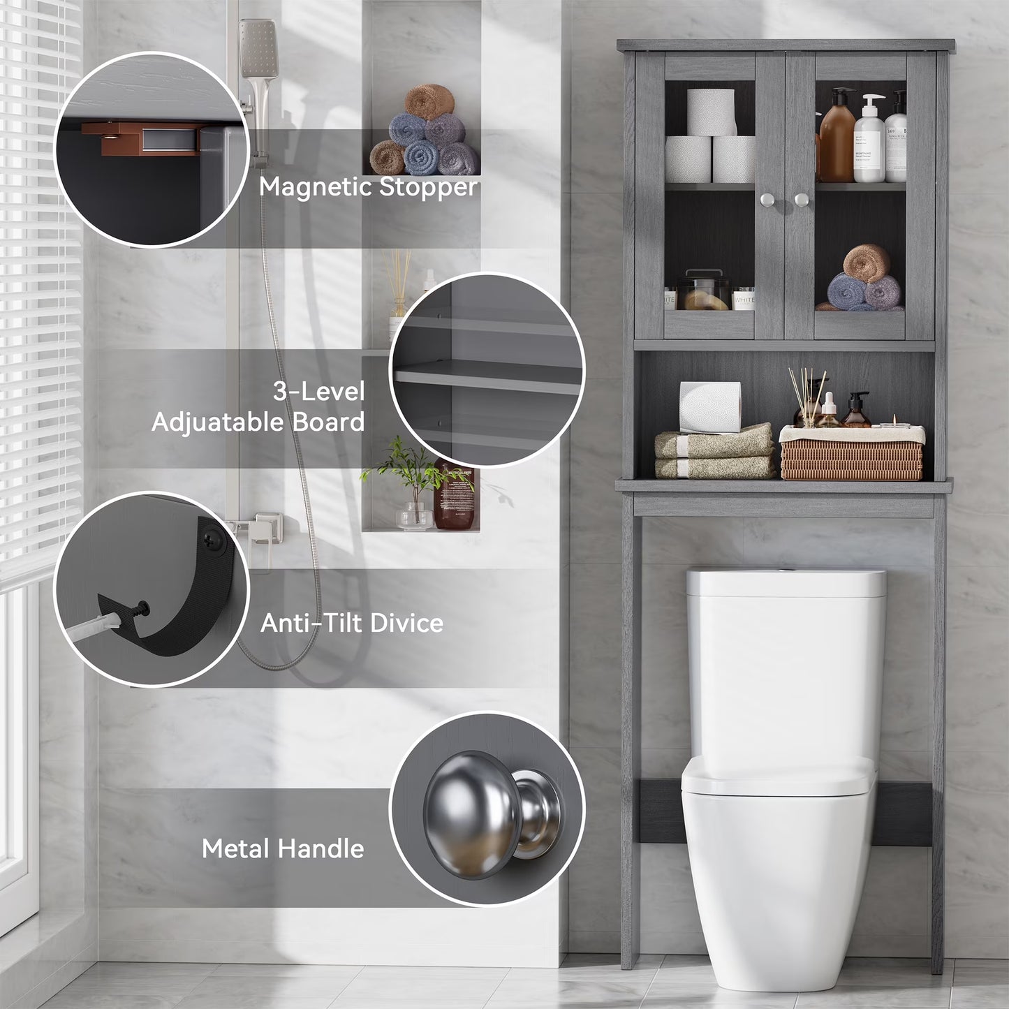 over the Toilet Storage Cabinet Bathroom Shelves Organizer Space Saver Freestanding Restroom Shelf with Tempered Glass Doors Anti-Tip Device Adjustable Shelf Gray