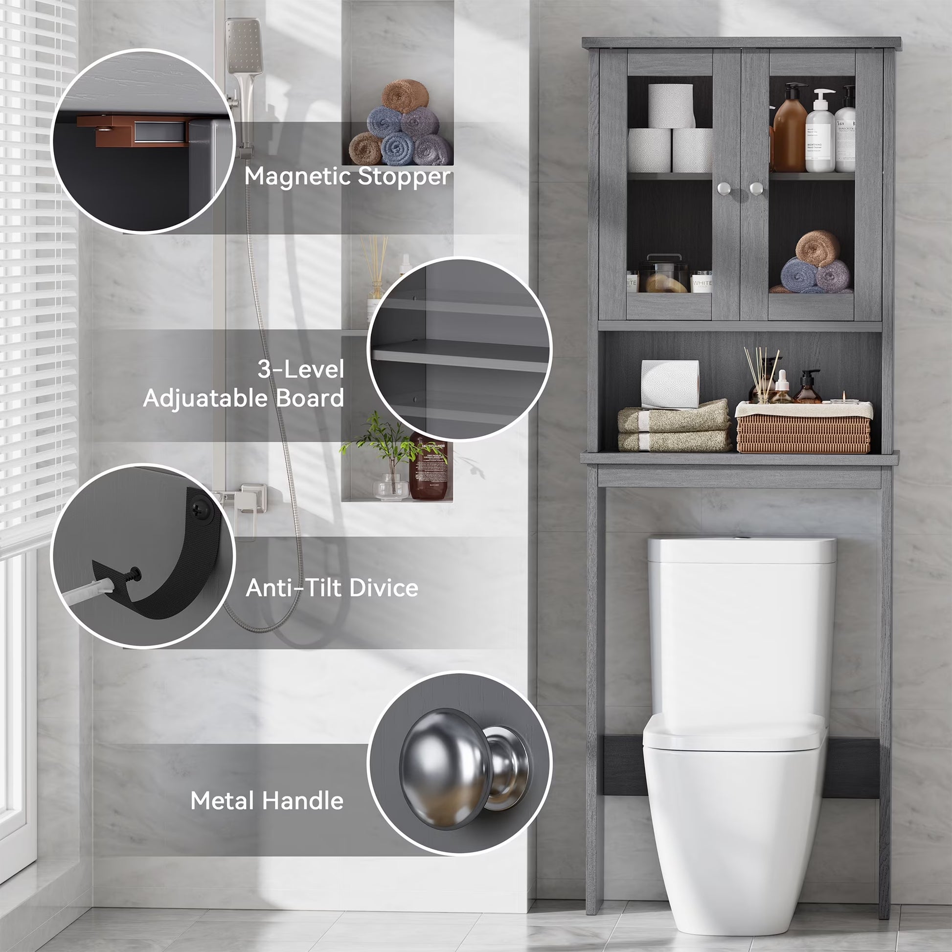 over the Toilet Storage Cabinet Bathroom Shelves Organizer Space Saver Freestanding Restroom Shelf with Tempered Glass Doors Anti-Tip Device Adjustable Shelf Gray