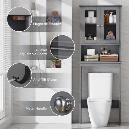 over the Toilet Storage Cabinet Bathroom Shelves Organizer Space Saver Freestanding Restroom Shelf with Tempered Glass Doors Anti-Tip Device Adjustable Shelf Gray
