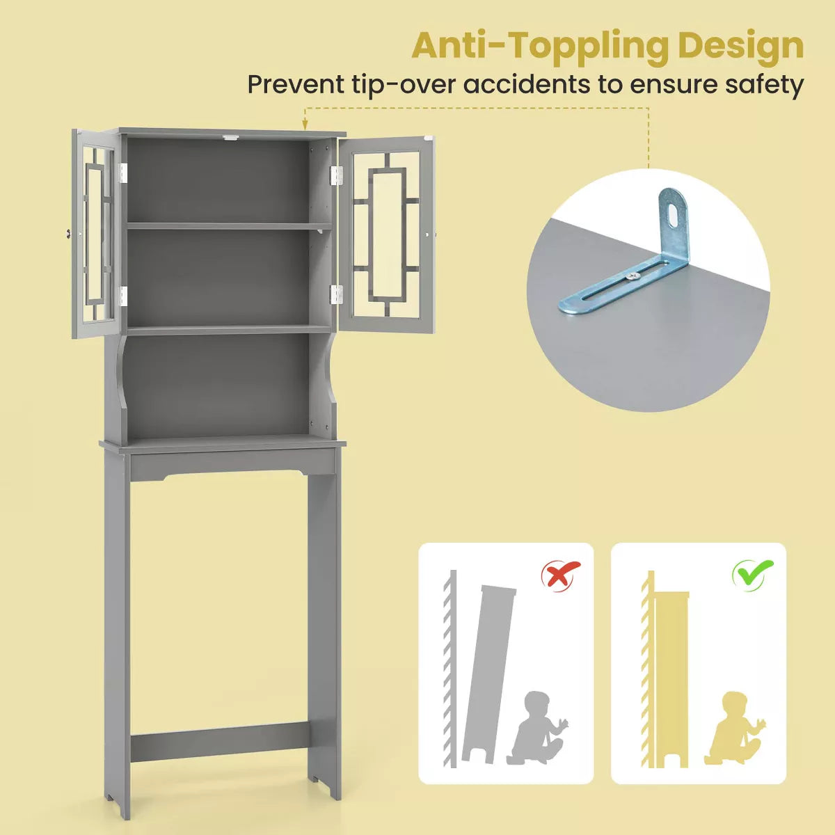 Costway over the Toilet Storage room Spacesaver Cabinet Tower Organizer Shelf & Doors White/Grey