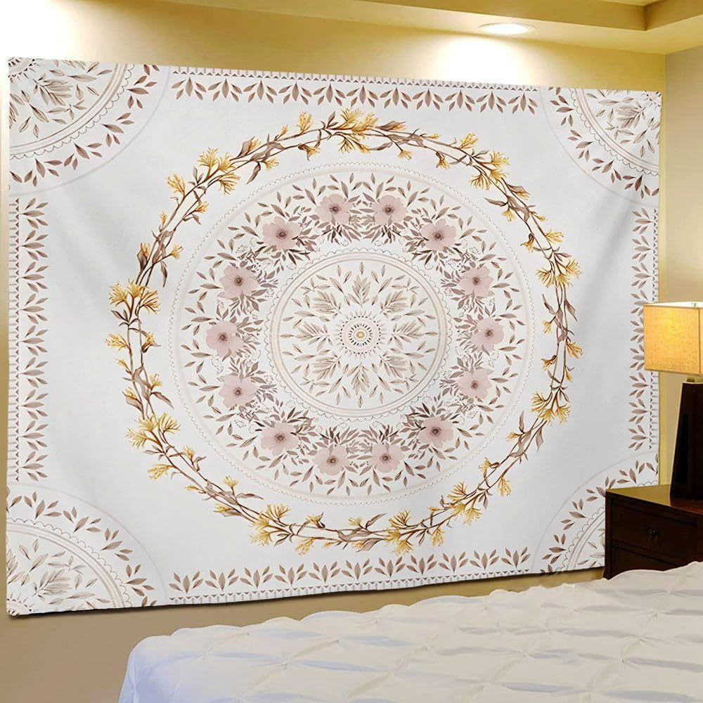 Orange Bohemian Tapestry Wall Hanging, Mandala Floral Medallion Hippie Tapestry with Light Brown Aesthetic Wreath Design, Cream Wall Decor Blanket for Bedroom Home Dorm