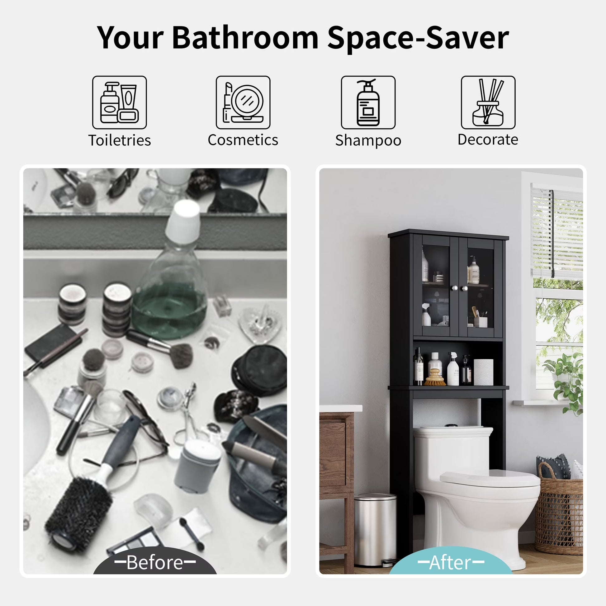 over the Toilet Storage Cabinet Bathroom Shelves Organizer Space Saver Freestanding Restroom Shelf with Tempered Glass Doors Anti-Tip Device Adjustable Shelf Black
