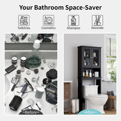 over the Toilet Storage Cabinet Bathroom Shelves Organizer Space Saver Freestanding Restroom Shelf with Tempered Glass Doors Anti-Tip Device Adjustable Shelf Black