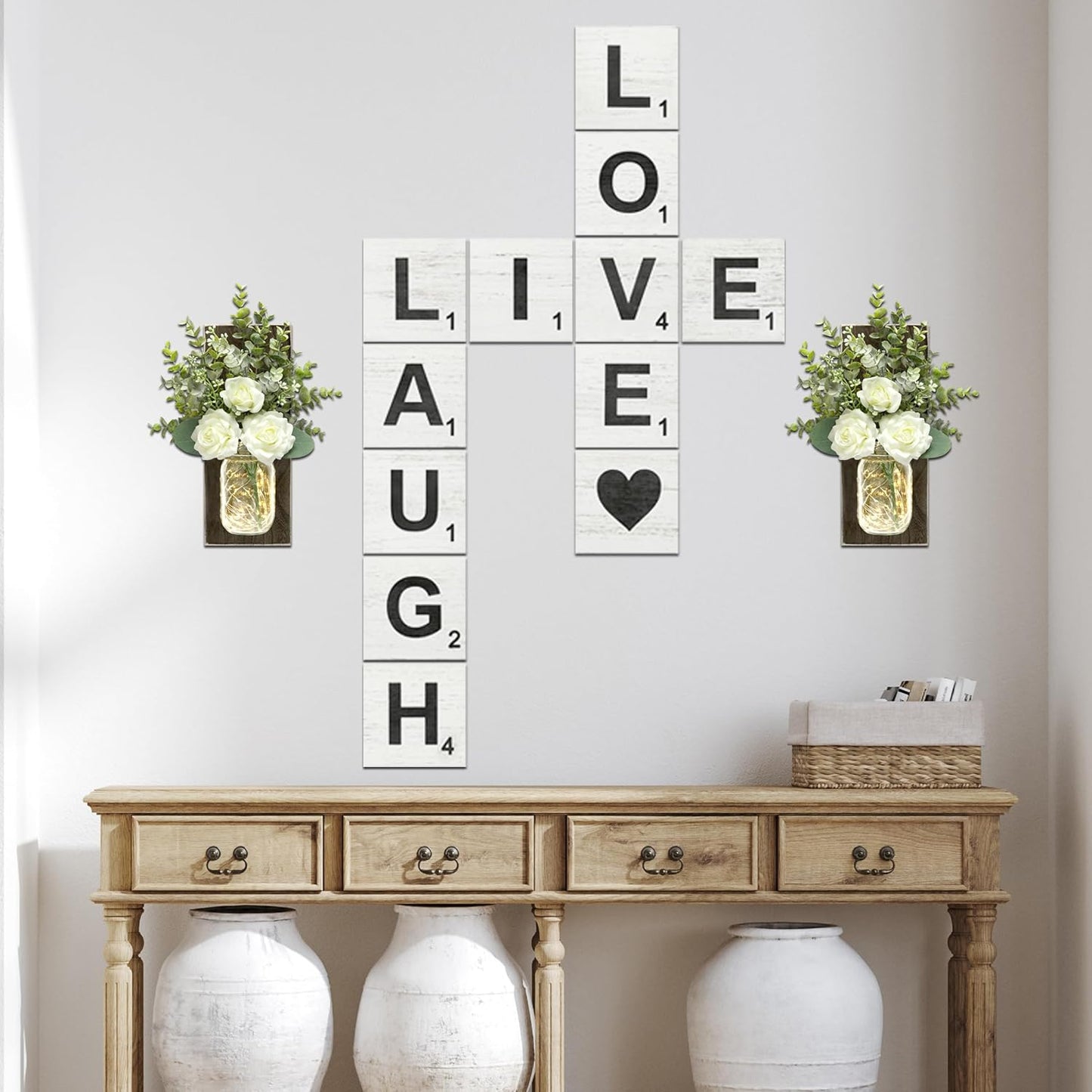 Live, Laugh, Love - Large Rustic Crossword Tiles for Wall Decor, Big Decorative Square Wooden Letters for Wall Art, Farmhouse Kitchens, Living Rooms, Bedrooms - 5" X 5"