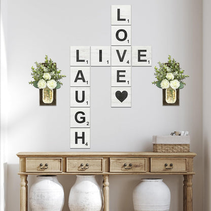 Live, Laugh, Love - Large Rustic Crossword Tiles for Wall Decor, Big Decorative Square Wooden Letters for Wall Art, Farmhouse Kitchens, Living Rooms, Bedrooms - 5" X 5"