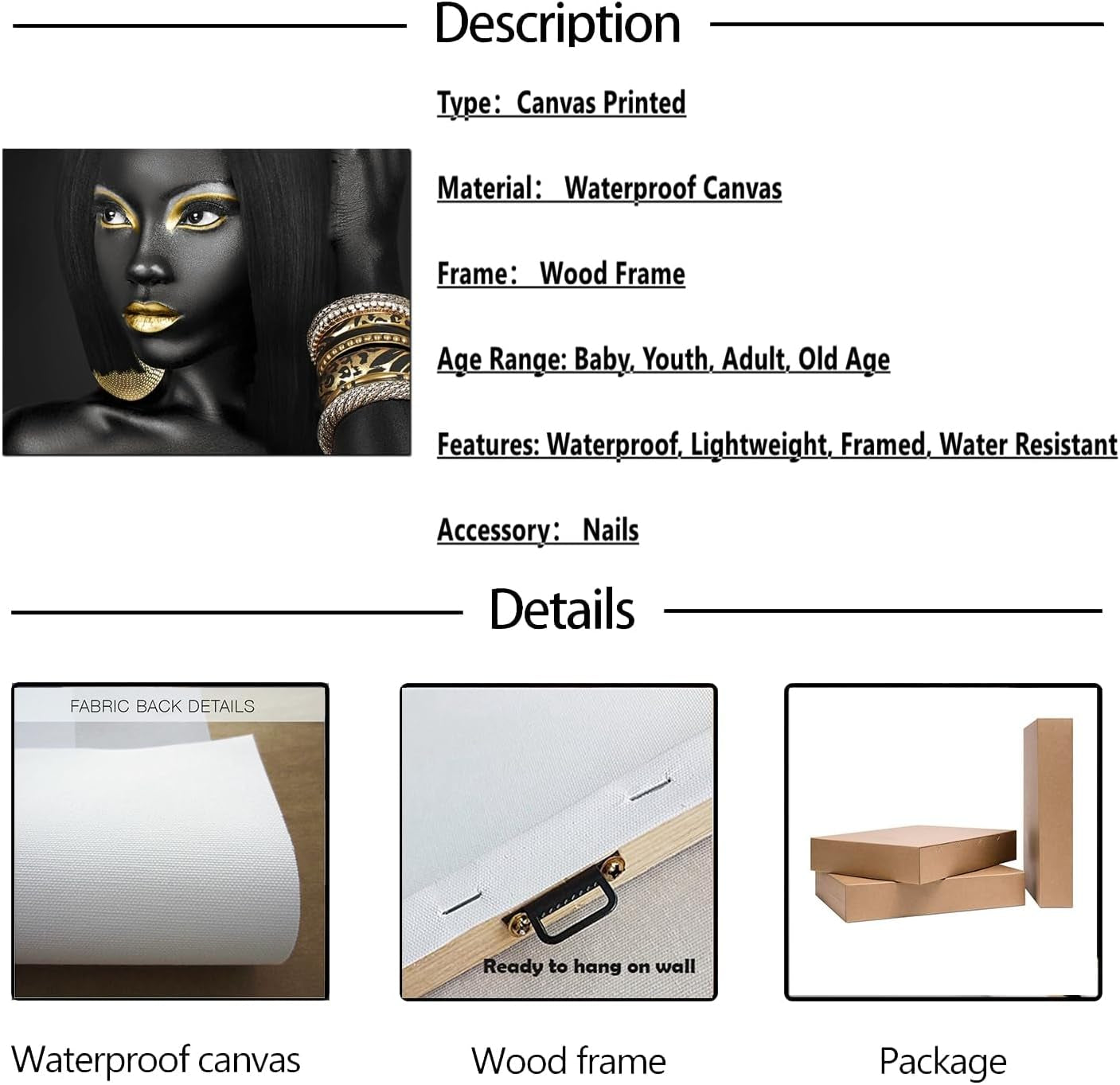 Black Woman Portrait Artwork Egyptian Queen Gallery Poster Print Living Room Wall Art African Girl Black and Gold Picture Home Office Decor Bedroom Wall Decor 12X16Inch