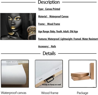 Black Woman Portrait Artwork Egyptian Queen Gallery Poster Print Living Room Wall Art African Girl Black and Gold Picture Home Office Decor Bedroom Wall Decor 12X16Inch